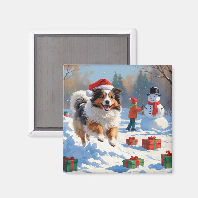 Imã Cão de Pastoreio de Shetland Correndo na Neve com  (Front/Back)