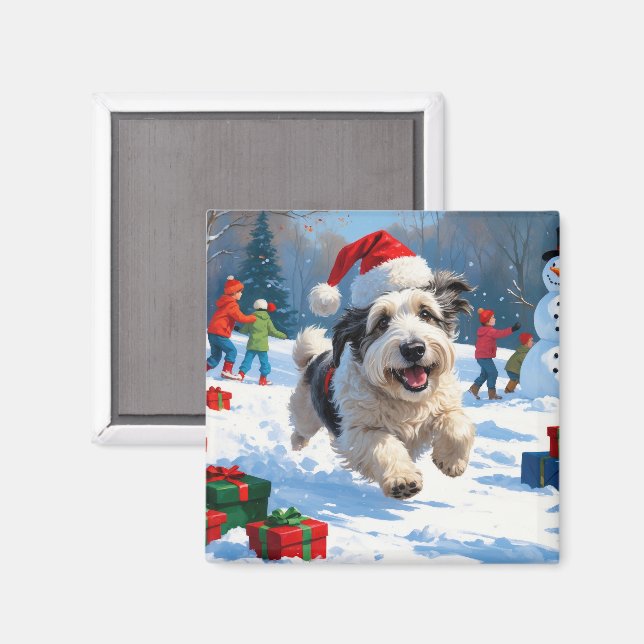 Imã Cão de Pastoreio Inglês Antigo Correndo na Neve Ch (Front/Back)