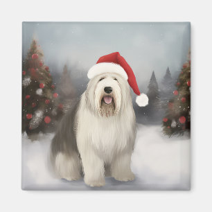 Imã Cão de Pastoreio Inglês Antigo na Neve Natal
