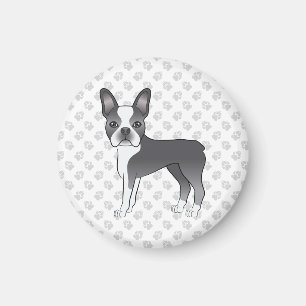 Imã Cão e patas de Cartoon Azul e Branco de Boston