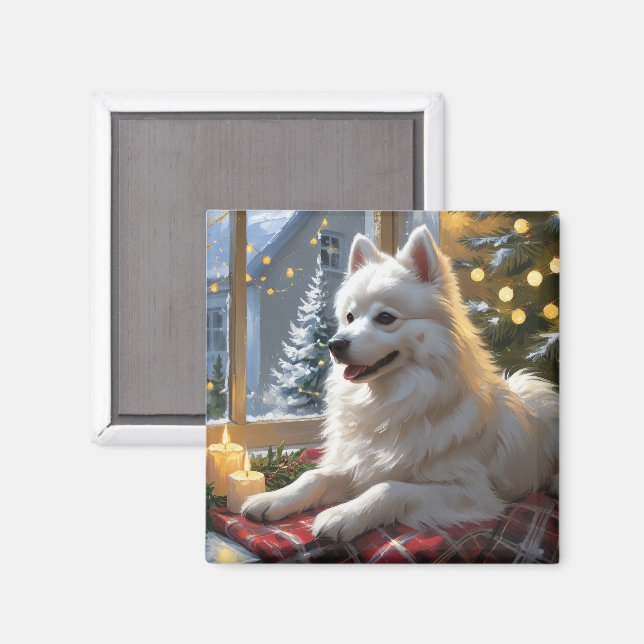 Imã Cão Esquimó Americano com Luzes de Natal Feriado (Front/Back)