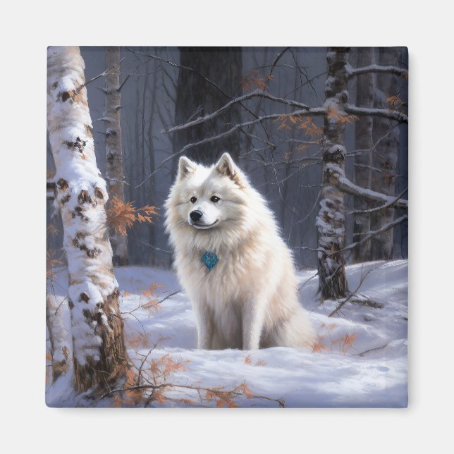 Imã Cão Esquimó Americano Natal Neve Caindo (Frente)
