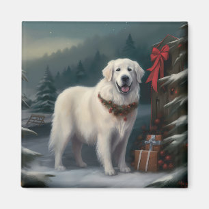 Imã Cão Great Pyrenees na Neve Natal