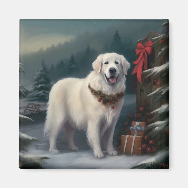 Imã Cão Great Pyrenees na Neve Natal (Frente)