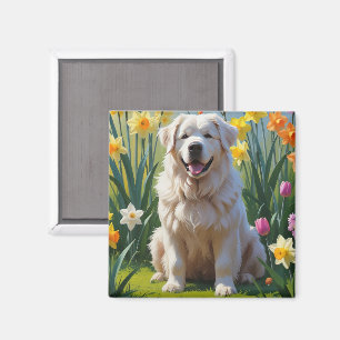 Imã Cão Great Pyrenees Pintura de Flores de Primavera