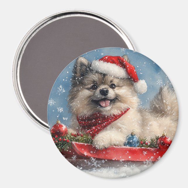 Imã Cão Keeshond em Trenó Deixe Nevar Natal (Front/Back)