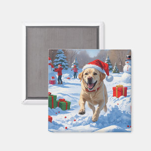 Imã Cão Labrador Correndo na Neve com Chapéu de Natal