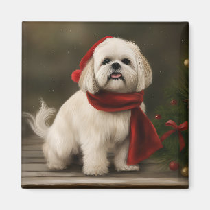 Imã Cão Lhasa Apso na Neve Natal