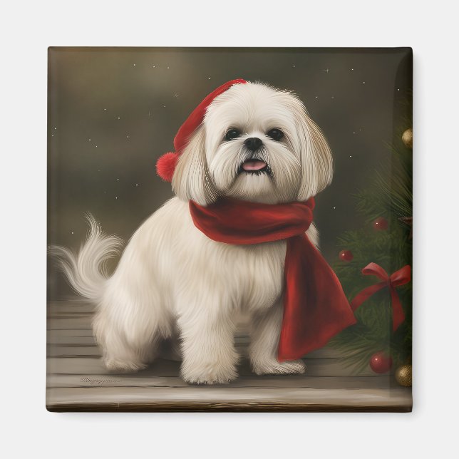Imã Cão Lhasa Apso na Neve Natal (Frente)