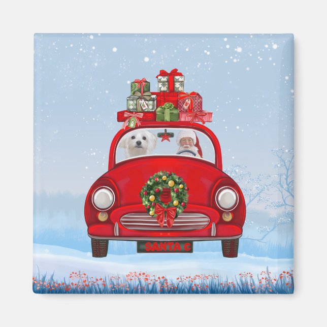 Imã Cão Maltês no carro com Papai Noel (Frente)