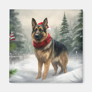Imã Cão Pastor Alemão na Neve de Natal