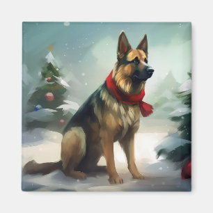 Imã Cão Pastor Alemão na Neve de Natal