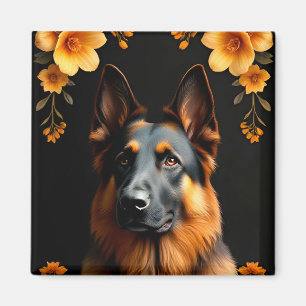 Imã Cão Pastor Alemão Rodeado por Flores Vibrantes