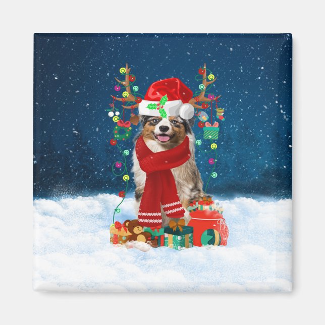 Imã Cão pastor australiano com presentes de Natal (Frente)