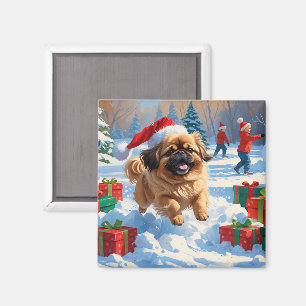 Imã Cão Pequinês Correndo na Neve com Chapéu de Natal