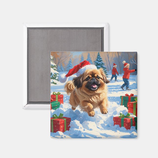 Imã Cão Pequinês Correndo na Neve com Chapéu de Natal (Front/Back)