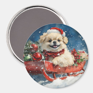 Imã Cão Pequinês em Trenó Deixe Nevar Natal