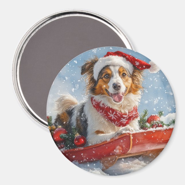 Imã Cão Rough Collie em Trenó Deixe Nevar Natal (Front/Back)