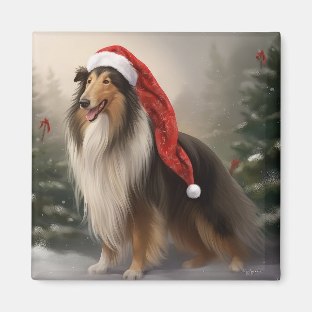 Imã Cão Rough Collie na Neve Natal (Frente)