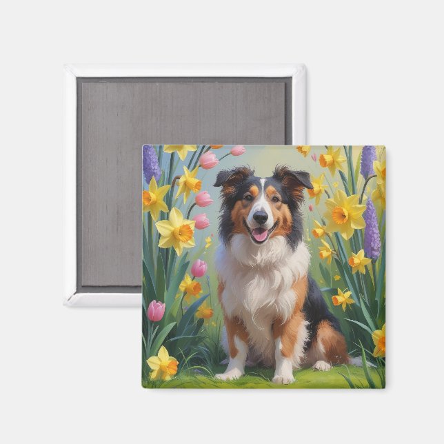 Imã Cão Rough Collie Pintura de Flores de Primavera (Front/Back)