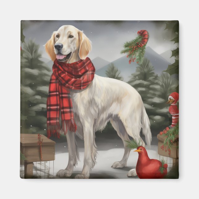 Imã Cão Setter Inglês na Neve de Natal (Frente)