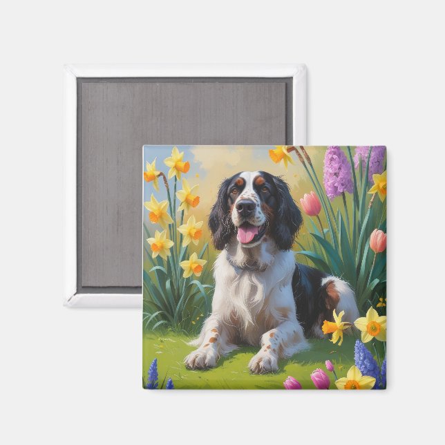 Imã Cão Setter Inglês Pintura de Flores de Primavera (Front/Back)