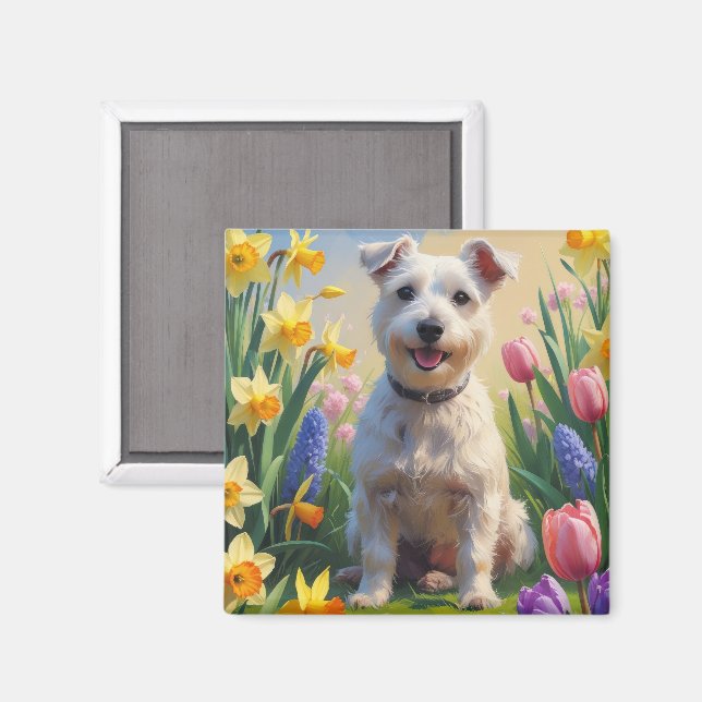 Imã Cão Terrier Wirefox Pintura de Flores de Primavera (Front/Back)
