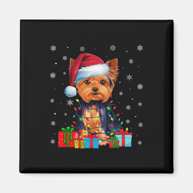 Imã Cão Ugly Xmas Lights Santa Hat Yorkshire Terrier C (Frente)