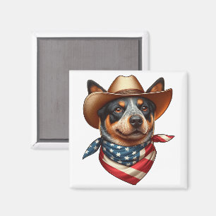 Imã Cão Vestindo chapéu e bandeira americana Bandana
