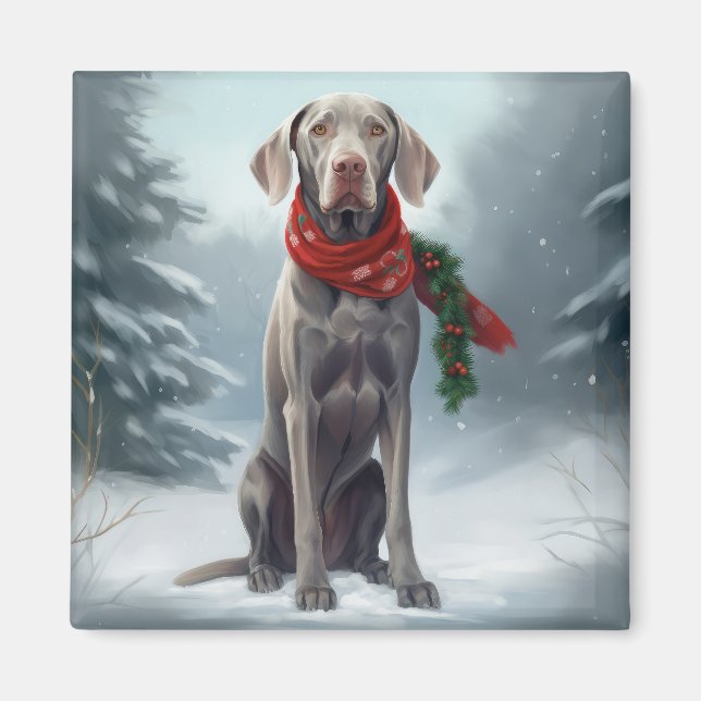 Imã Cão Weimaraner na Neve de Natal (Frente)