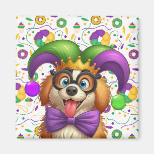 Imã Cãozinho bonito Mardi Gras com chapéu de gester