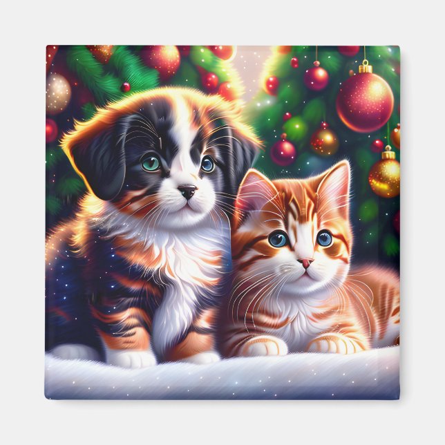 Imã Cãozinho e gato bonitos debaixo da árvore de Natal (Frente)