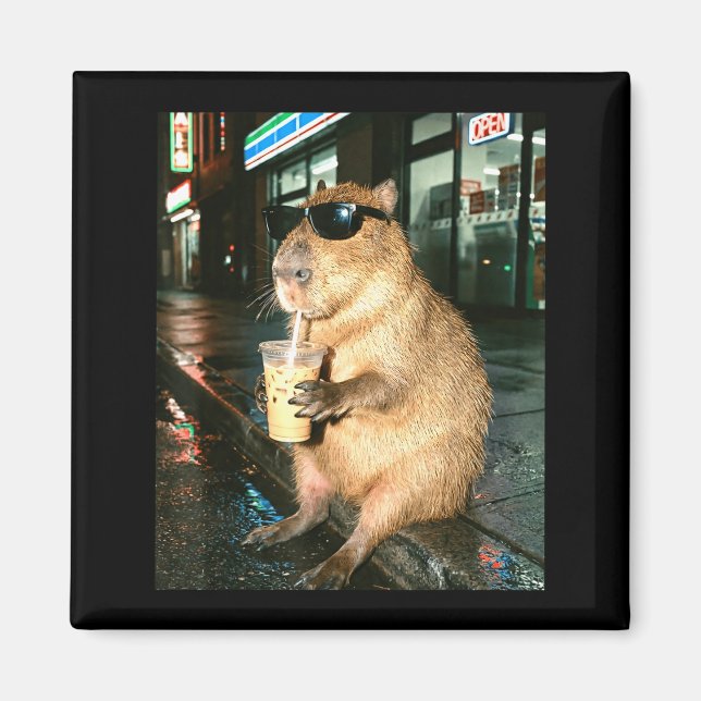 Imã Capivara bebendo café gelado, meme de foto de capi (Frente)