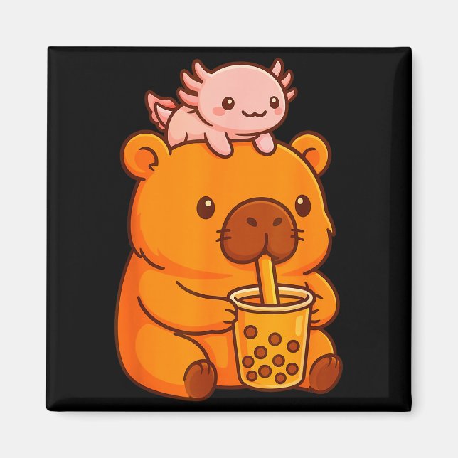 Imã Capivara Fofa Bebendo Chá Bubble e Axolote Kawa (Frente)