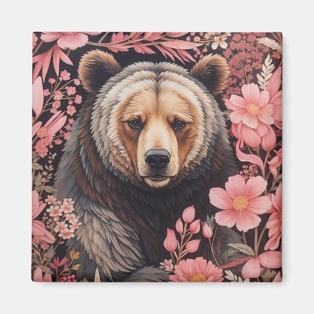 Imã Captivando Flores Rosa Cinzentas De Urso Marrom (Frente)
