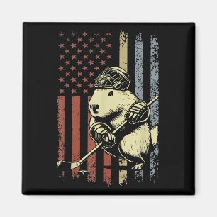 Imã Capybara Playing Hockey American Flag Capybara Hoc