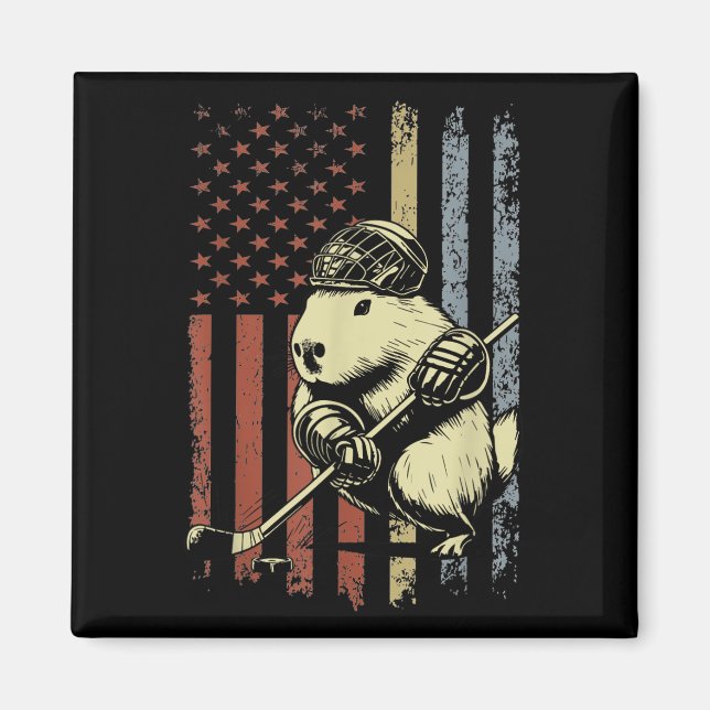 Imã Capybara Playing Hockey American Flag Capybara Hoc (Frente)
