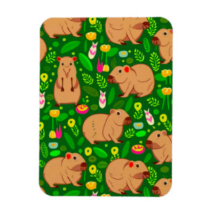 Ímã Capybara Sketch com Flores de primavera em Verde
