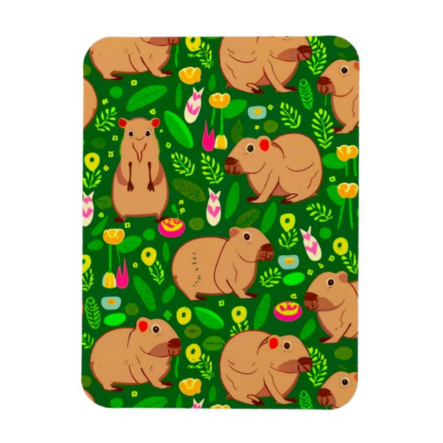 Ímã Capybara Sketch com Flores de primavera em Verde (Vertical)