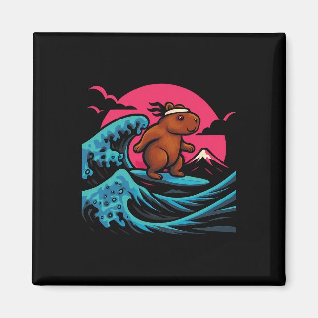 Imã Capyra Surfando Ondas Sob o Céu Rosa Camiseta Dive (Frente)