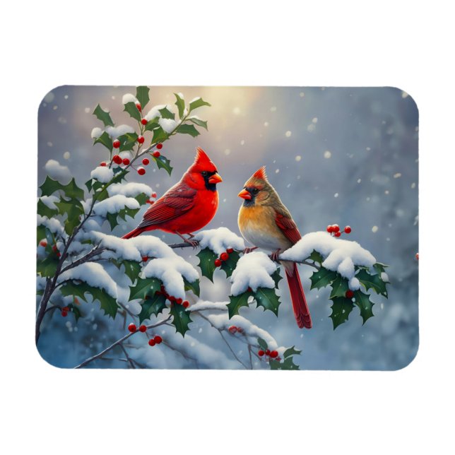 Ímã Cardeais-vermelhos e Azevinho na Neve (Horizontal)