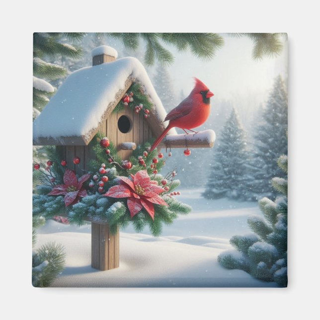 Imã Cardeal de inverno em um abrigo festivo (Frente)