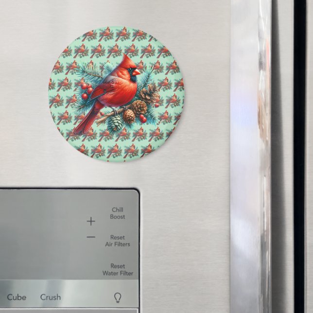 Imã Cardeal em Pine Branch com Berries de inverno (In Situ (Fridge))