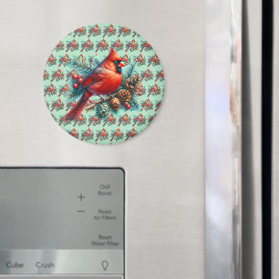 Imã Cardinal em galho de pinheiro com bagas de inverno