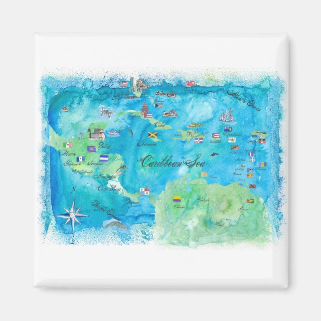Imã Caribe Cruise Poster de viagens Map Antilhas Oeste (Frente)