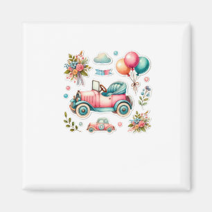 Imã Carro Antigo Aquarela Com Balões E Flores S