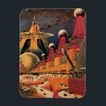 Ímã Carro Voador de Cidade Futurística Ficção Ciência<br><div class="desc">Ilustração Vintage viagem e imagem de ficção científica de transportes apresentando um clássico quadrinho retrô sci fi urbano com uma cidade do futuro. Os prédios arquitetônicos têm a forma de cones e veículos voam no céu como pássaros enquanto multidões de pessoas estão se movendo através da metrópole.</div>