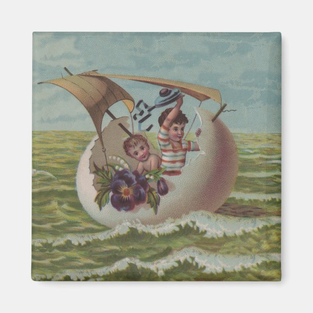 Imã Cartão Antigo de Páscoa Ovo de Crianças Navegando (Frente)