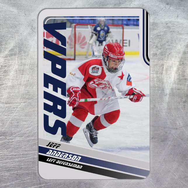 Ímã Cartão Azul De Hóquei No Gelo (Ice Hockey Trading Card Magnet: Dynamic blue design with green & black stripes. Perfect for kids!)