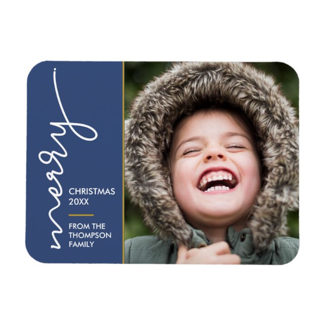 Ímã Cartão com fotos azul moderno de Roteiro de Feliz  (Horizontal)